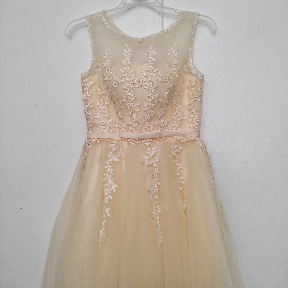 Cream Color Mesh Corset Dress with Lace Detailing and Bowtie